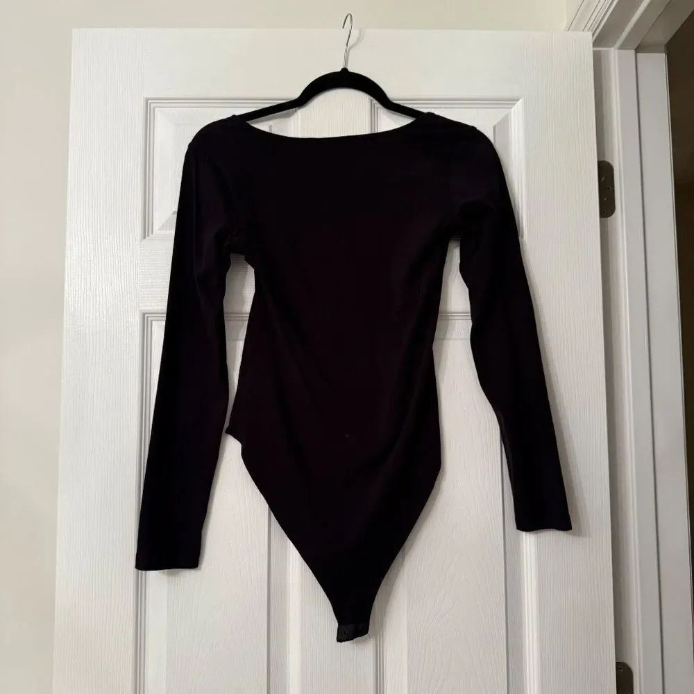 MANGOPOP Women's Square Neck Short Sleeve Long Sleeve Bodysuit Black - Picture 5 of 5